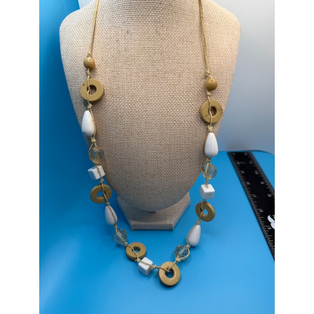 Boho Natural Wood and White Beaded Cord Long Statement Necklace Tan White